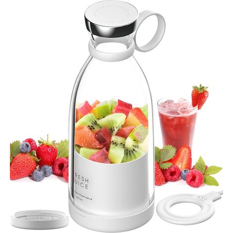 Mixeur Portable 350ML, Blender Smoothie Mini, Fresh Juice Bouteille, Multifonctionnel Personal Bottle avec USB Rechargeable (Blanc+Couvercle) (1/5)