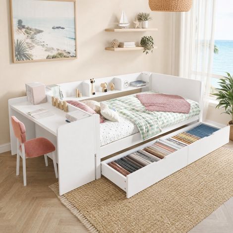 Letto singolo per bambini 90x200 cm, con scrivania, 2 cassetti e 3 ripiani, in pino bianco, senza materasso (1/5)