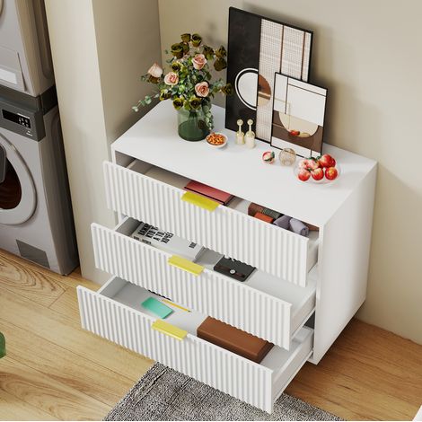 Comò a 3 cassetti 80x40x72 cm bianco in MDF con gambe in metallo dorato (1/5)