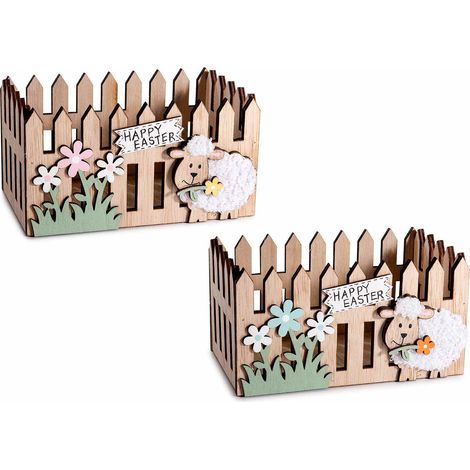 Cassette / cestini in legno a staccionata con pecorella in morbida lana e scritta Happy Easter, set da 6 pezzi, cm 15 x 9 x 8 H