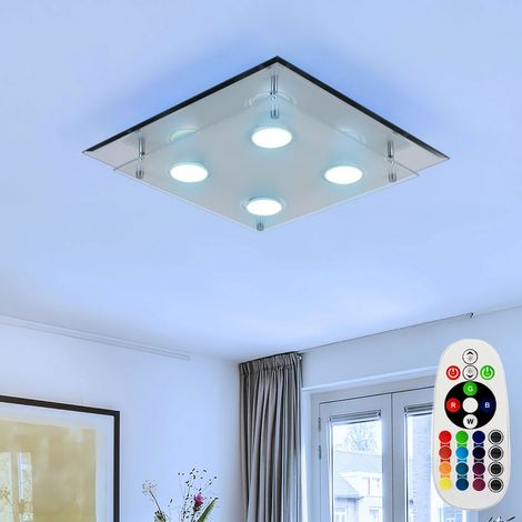 Lampe de plafond avec variateur et télécommande, chrome, lampe de salon en verre, ampoules LED RGB incluses.