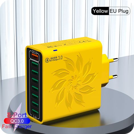 Chargeur multifonction à recharge rapide 120 W, 8 ports USB QC 5.0, plusieurs interfaces, adaptateur secteur, adaptateur de recharge rapide QC 3.0 (jaune) (1/5)