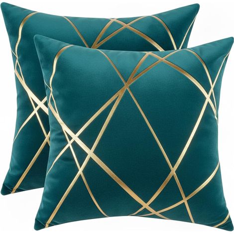 Housse Coussin 45x45 Bleu Canard Velours Coussin Decoratif Canape Moderne Taie d'oreiller Lignes Dorées Boheme Vintage Decoration pour Extérieur Maison Chambre Salon (1/5)