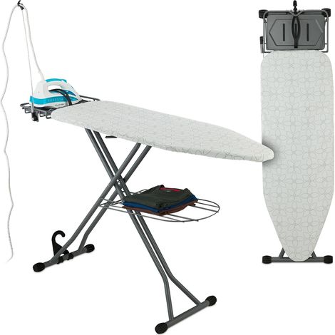 Relaxdays Table à repasser, pliable, réglable en hauteur, plateau de repassage LP : 115 x 39 cm, blanc et argenté