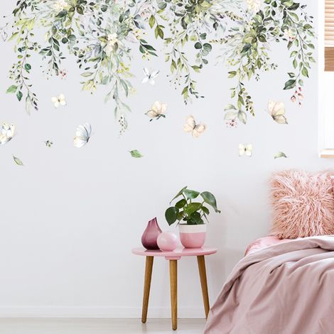 Autocollants muraux à motifs de feuilles et de plantes vertes, grands autocollants muraux à motifs floraux et feuilles
