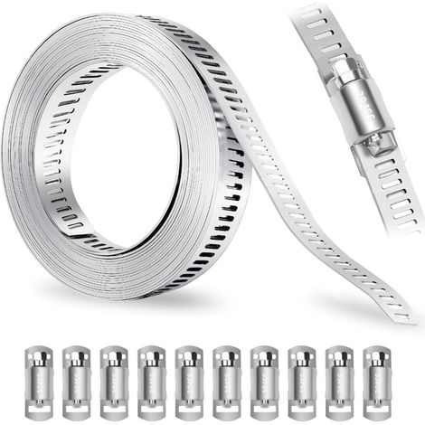 Lot de colliers de serrage réglables en acier inoxydable 304 - 5 m - Avec 10 pinces à vis - Pour réservoir, refroidisseur, tuyau d'eau