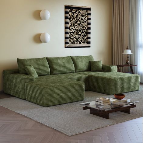 Divano angolare modulare 270 cm con chaise longue a L, seduta profonda, tessuto a coste verde HAVRYA (1/5)
