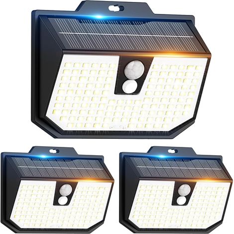 Lampe Solaire Exterieur, 3 Modes Lumière Solaire Extérieure Detecteur de Mouvement, Éclairage Extérieur LED Solaire IP65 Etanche pour Mural Jardin Garage Carport Patio et [Lot de 3] Blanc Froid 6000K  (1/5)