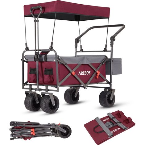 AREBOS Luxury outdoor utility wagon with canopy Folding Stroller cart trolley red