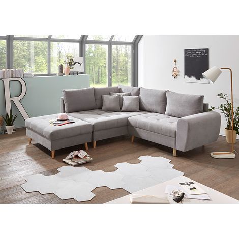 Ecksofa mit Hocker und Kissen in hellgrau, L-Form mit Recamiere rechts, Serie AREZZO-09 (1/5)