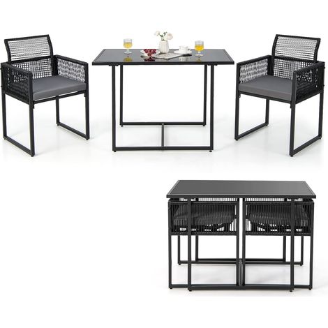 COSTWAY Set di 3 Pezzi Pranzo da Giardino, Set di Tavolo e Sedie da Esterno in Rattan PE con Schienali Pieghevoli, Tavolo in Vetro Temperato, per Balcone Giardino (1/5)