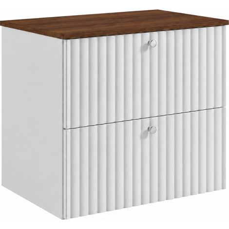 Meuble sous-vasque suspendu 60 cm, 2 tiroirs, avec plan de travail, fermeture douce, Blanc / Plan chêne noyer, poignées argentées, 60 x 44,4 x 58,6 cm (1/5)