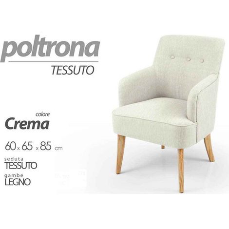 Stoffsessel für Schlafzimmer oder Wohnzimmer mit Holzfüßen cm 60 x 65 x 85 h creme