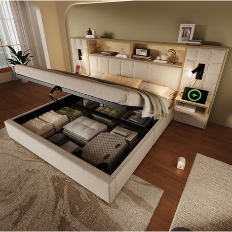 Cama de almacenamiento para adultos de 180x200 cm, cama hidráulica tapizada, luces de lectura LED, USB Tipo-C, 2 mesitas de noche, ropa de cama beige (1/5)