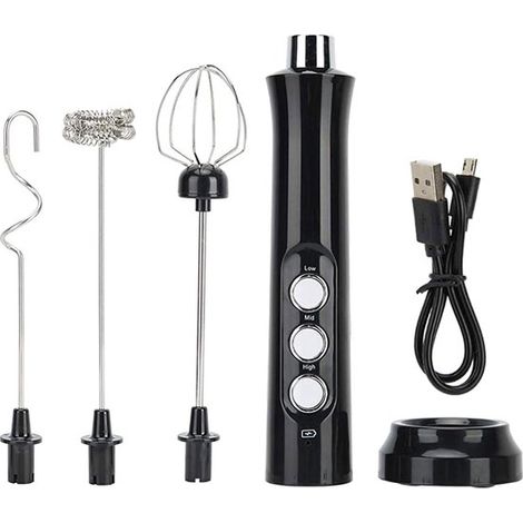 Elektrischer Milchaufschäumer mit 3 einstellbaren Geschwindigkeitsstufen USB-aufladbarer Schneebesen mit 3 Rühraufsätzen kompakter Edelstahlmixer (1/5)