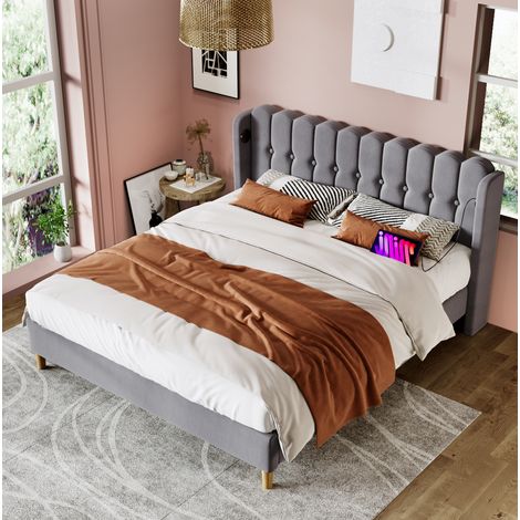 MEUBLIV Lit rembourré double avec station de charge USB et USB C tête de lit à panneaux en lin gris 180 x 200 cm avec sommier et cadre de lit (1/5)