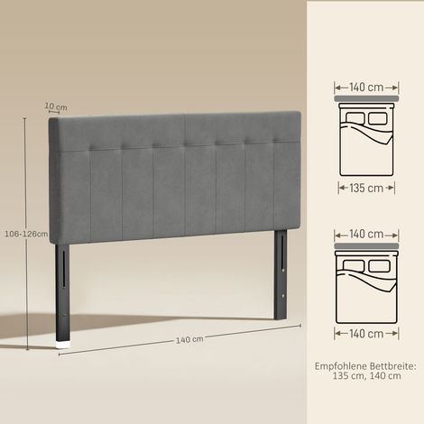 Tête de lit réglable en hauteur (3 positions), pieds en métal, aspect velours, pour chambre à coucher, 140 x 10 x 106/116/126 cm, gris (1/5)