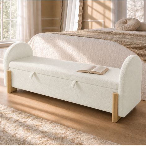 Banc coffre 166 cm avec rangement hydraulique et fermeture douce, pour chambre ou entrée, bouclé blanc et bois (1/5)