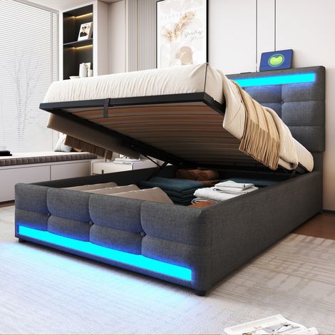 Lit Coffre 90x200cm - Lit Simple 90x200 - Lit Rembourré avec LED Multicolores Connectées et Prises USB - en Lin Gris (1/5)