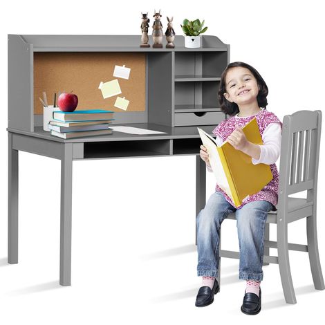 COSTWAY Set Scrivania e Sedia per Bambini 5-12 Anni, Tavolo in Materiale Sicuro con Bacheca in Sughero, 2 Cassetti e Spazio Ampio, Design Moderno, Ideale per Studio e Disegno (Grigio) (1/5)