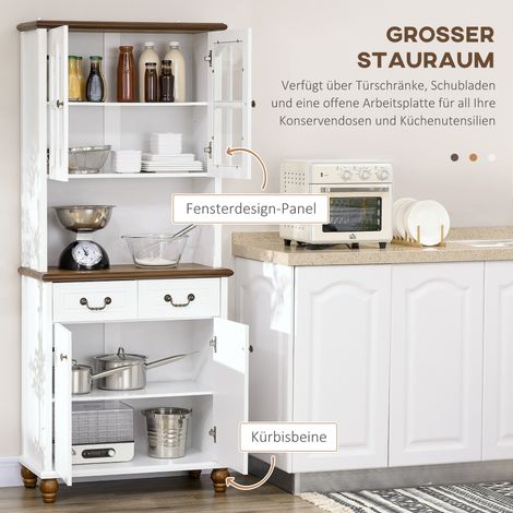 Buffet de cuisine classique blanc et marron foncé, 2 tiroirs, 2 espaces de rangement, 76 x 38 x 182 cm (1/4)