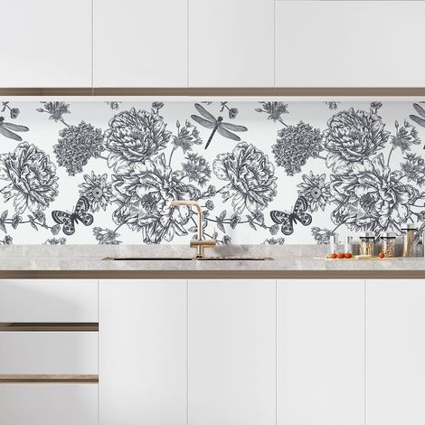 Crédence adhésive cuisine - Fleurs papillons - 60x90 cm - Adhésif + Protection MATE (1/5)