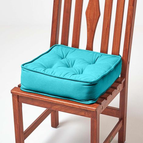 HOMESCAPES Galette de chaise coussin rehausseur en coton Turquoise, 40 x 40 x 10 cm