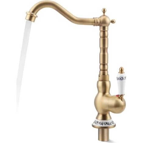 Mitigeur monocommande en laiton vintage pivotant à 360°, fourni avec deux tuyaux flexibles, structure solide durable pour cuisine et salle de bains.