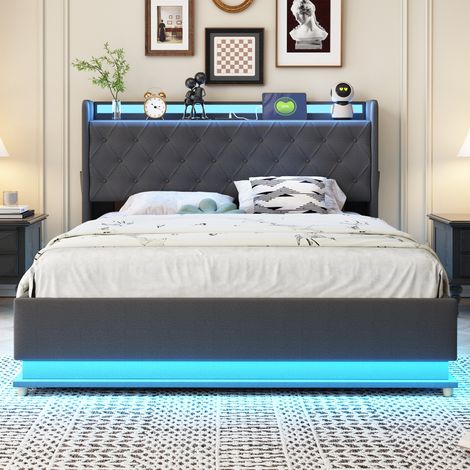 Lit rembourré 140200 cm, avec port de charge usb et casier hydraulique, gris, tissu de lin doux pour la peau (1/5)