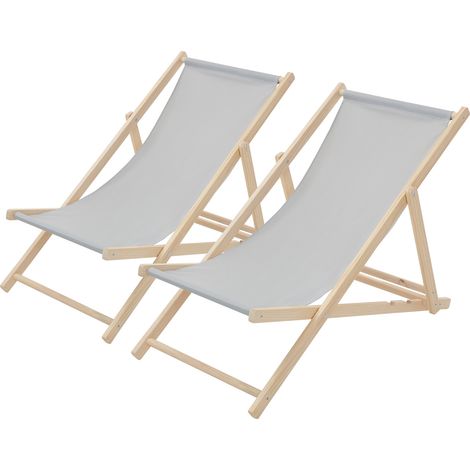 ECD Germany Lot de 2 Chaises Longues Pliantes en Bois Chiliennes, Gris Clair, Dossier Réglable, 3 Positions de Couchage, jusqu'à 120kg, Bain de Soleil en Tissu pour la Plage Jardin Terrasse Camping