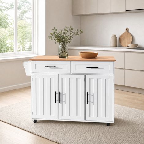 Aparador 129/71/91,5 cm blanco con tablero abatible, ruedas y gran capacidad (1/5)