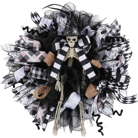 Couronne de festival squelette décorative crâne en maille de soie noire, couronne effrayante pour porte d'entrée, fenêtre, intérieur, extérieur, fête à la maison (1/2)
