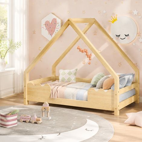 Cama cabaña infantil 90 x 200 cm con barrera de seguridad, madera de pino natural DESVIAE (1/5)