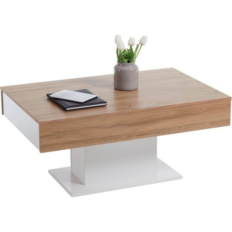 Table Basse Table de Salon Chêne Vieilli/Blanc Satiné LxHxP Env. 100 X 65 X 45 Cm avec Deux Grands Tiroirs (1/5)