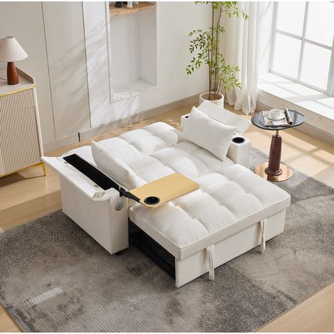 Sofá cama plegable con USB y mesa oculta beige OKMYHOME (1/5)