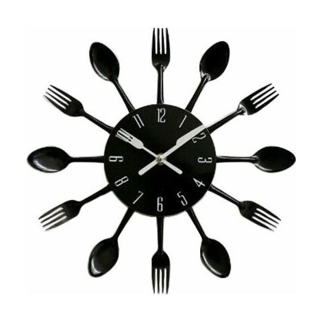 royaluxe - Budget Horloge Murale Couverts Cuisine Cuillère Fourchette Horloge Miroir Mural Autocollant pour Triumph (Noir) (1/5)