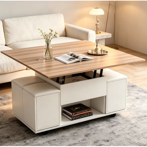 Table basse 100x50x48 cm blanc et bois, relevable avec rangement, 4 tabourets, MEUBLIV (1/5)