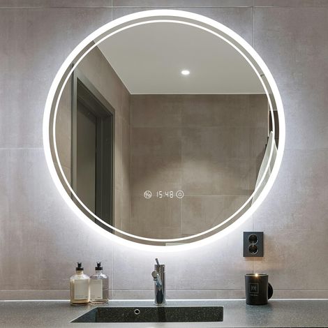 Miroir LED De Salle De Bain Circulaire Ø80cm • Anti-Buée – 2 Couleurs Dimmable – Contrôle Tactile avec Horloge (1/5)
