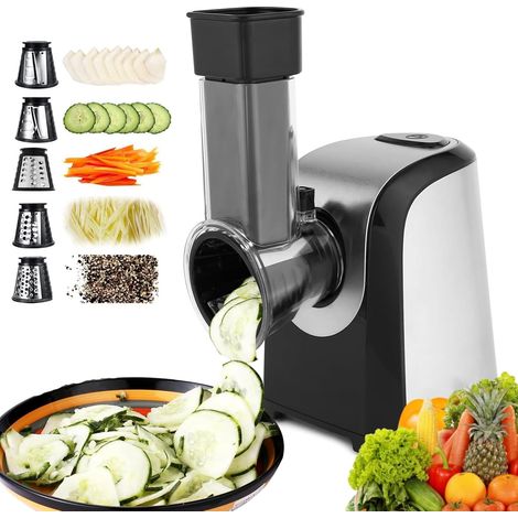 Mandoline électrique professionnelle 150 W, 5 en 1, en acier inoxydable, avec 5 tambours de coupe pour fruits, légumes, fromages et utilisation quotidienne, Argent/Noir