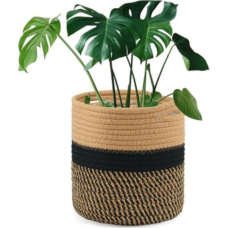 20cm Pot de Fleurs de avec Doublure, Panier de Rangement tissé en Coton Cache Pot Plante Interieur pour Plantes d'intérieur, Pot de Fleurs et décoration de la Maison (Noir Marron) (1/5)
