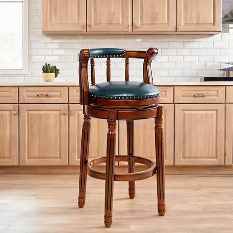 Tabouret de bar pivotant bleu en cuir véritable et bois (1/5)