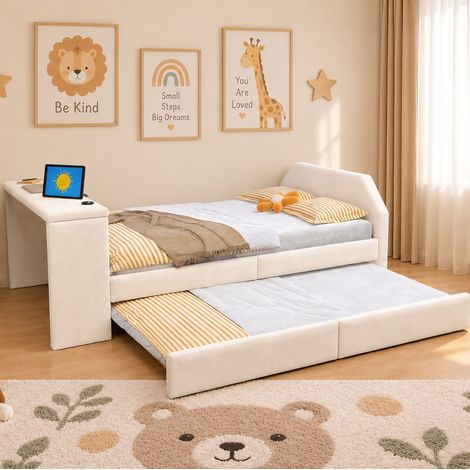 Cama infantil 90x200 cm beige efecto terciopelo con escritorio y cama nido - MEUBLIV (1/5)