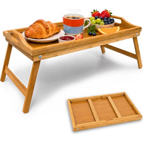 Relaxdays Bamboo Wooden Breakfast in Bed Tray, 21.5 x 47 x 27 cm, Serving Tray With Folding Legs And Handles, Natural Brown (1/5)