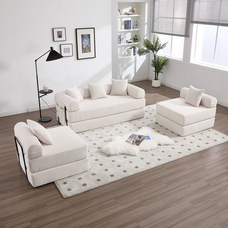 Divano Modulare Convertibile Ampio con Tasca Laterale e Moduli Riconfigurabili in Velluto a Coste Beige (1/5)