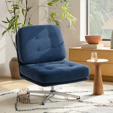 Sillón giratorio 71x69x44 cm azul en chenilla y metal con asiento amplio y rotación 360° (1/3)