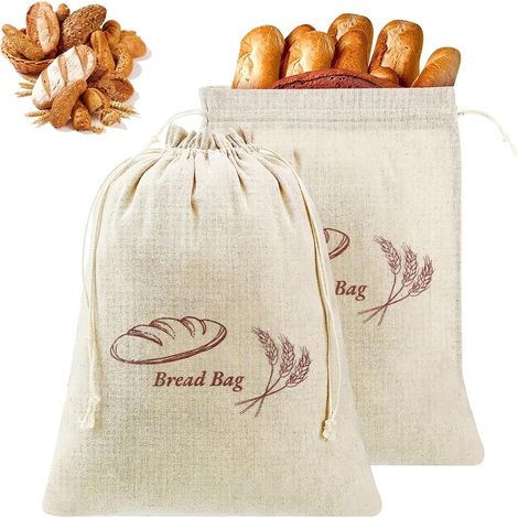 Sac à pain en lin, lot de 2, 30 x 38 cm, avec cordon de serrage, conserve la fraîcheur, réutilisable, en lin et coton, pour le pain, les fruits et les légumes. (1/5)