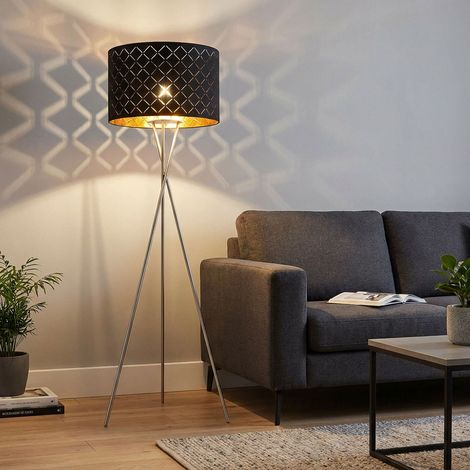 Stehlampe Textilschirm schwarz gold Beistellleuchte 3 Bein Stativleuchte Textil, Nickel matt, E27 Fassung, DxH 62x158 cm (1/5)