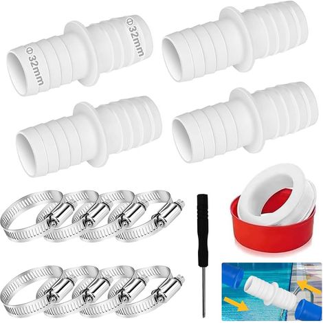 Lot de 4 adaptateurs pour tuyau de piscine 32 mm, avec 8 colliers de serrage, 1 tournevis et 1 ruban PTFE. (1/5)