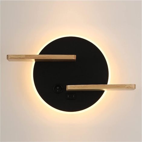 MINKUROW 9W applique LED con interruttore, luci notturne moderne per camera dei bambini con connessione USB, applique rotonda in metallo con ripiano in legno, illuminazione camera da letto interna (lu (1/5)
