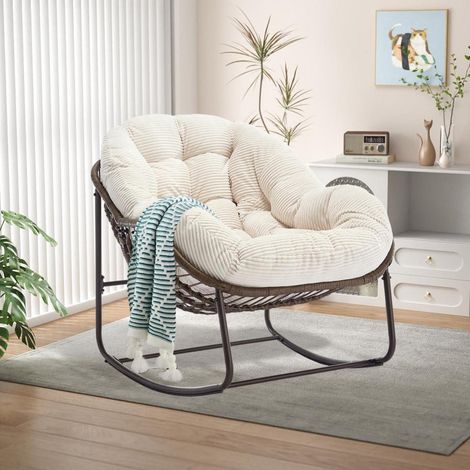 Schaukelstuhl Rattan mit Cord-Kissen, Indoor & Outdoor Loungesessel, Weiß (1/5)